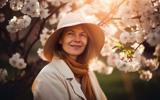 Kobieta w kapeluszu stoi przed kwitnącym drzewem.