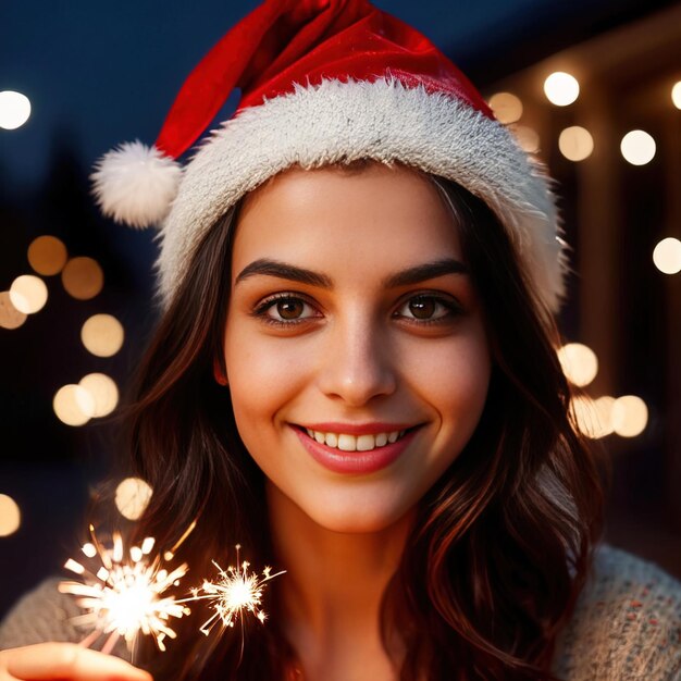 Kobieta w kapeluszu Świętego Mikołaja trzymająca błyszczący uśmiech
