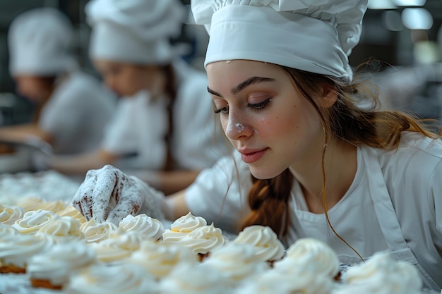 Zdjęcie kobieta w kapeluszu szefa kuchni dekoruje ciasto
