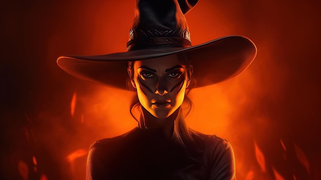 Kobieta w kapeluszu wiedźmy stoi przed ogniem.