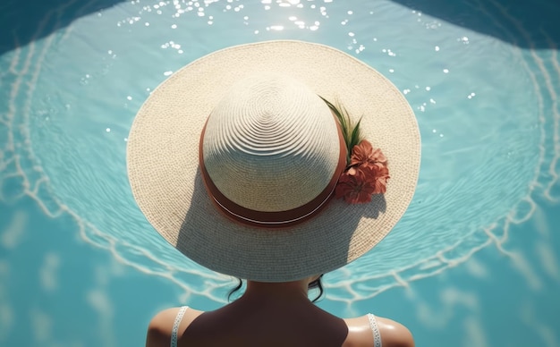 Kobieta w kapeluszu z kwiatem stoi w basenie. wygenerowane AI