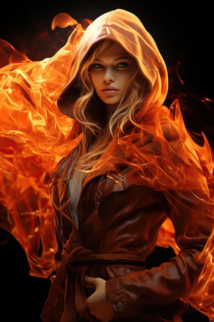 Zdjęcie kobieta w kapturze z płomieniem w włosach