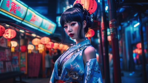 Kobieta w kimonie stoi przed chińskim sklepem.