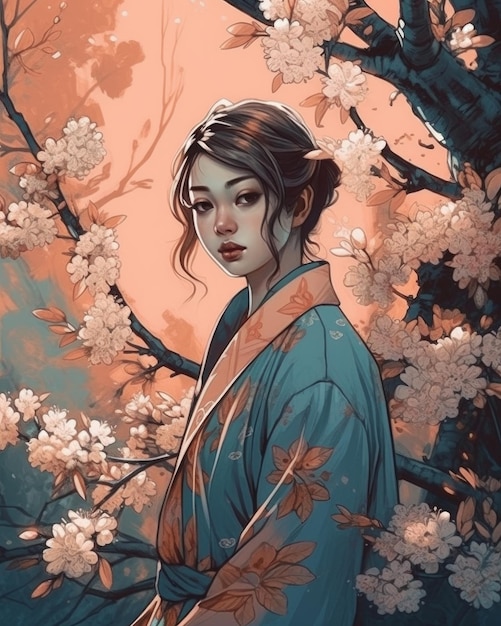 Kobieta w kimonie stoi przed drzewem kwitnącej wiśni.