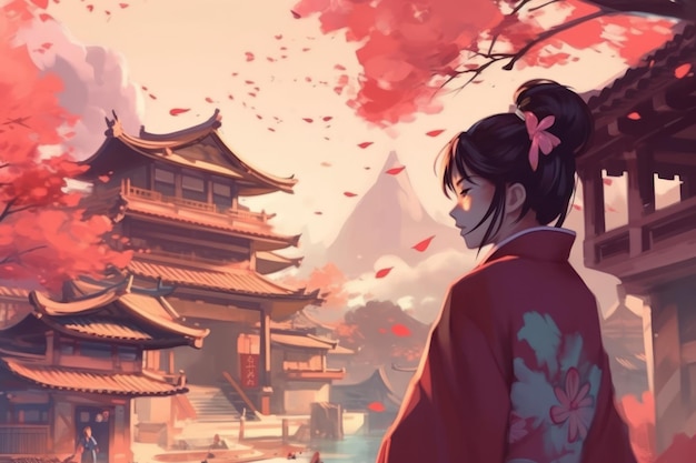Kobieta w kimonie stoi przed japońskim budynkiem.
