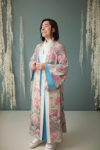 Kobieta w kimonie stoi przed ścianą z białymi tapetami.