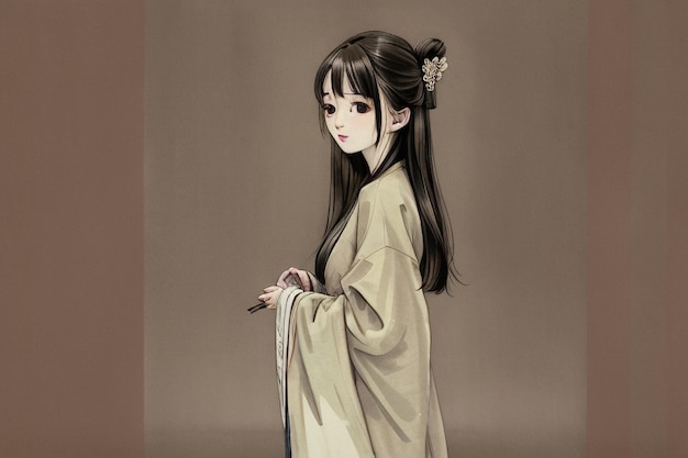 Kobieta w kimonie z długimi czarnymi włosami i białym szalikiem.