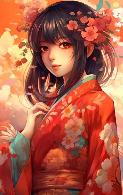 kobieta w kimonie z kwiatami we włosach generatywna ai
