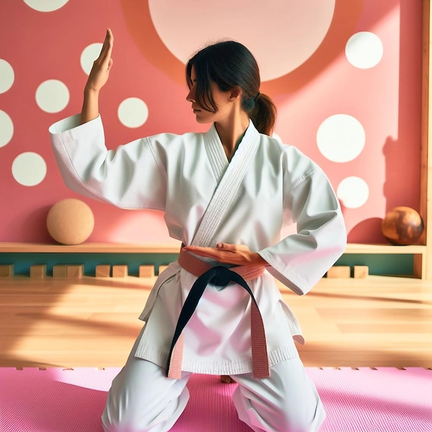 Kobieta w kimono ćwiczy karate.