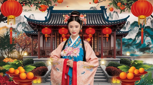 Kobieta w kimono z czerwonym łukiem i słowem geisha