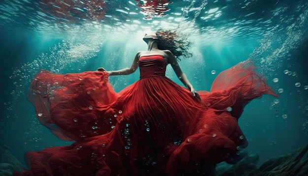 Kobieta w kłębiącej się czerwonej sukience pod wodą chodząca widok z tyłu piękny podwodny krajobraz świata
