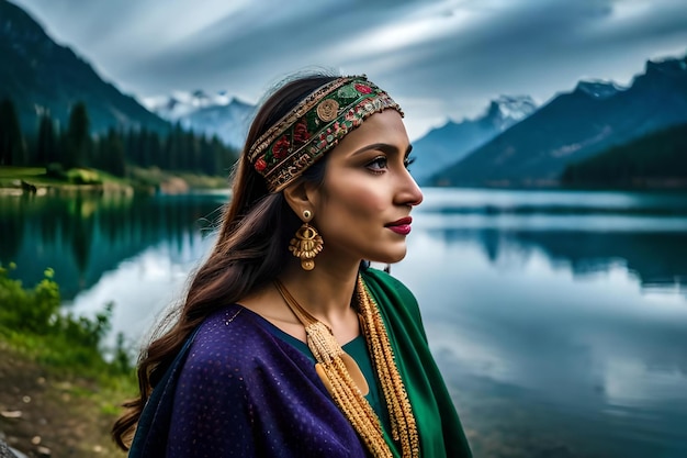 Zdjęcie kobieta w kolorowym sari stoi nad jeziorem.