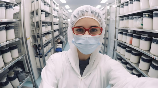 Kobieta w kombinezonie medycznym robi selfie w laboratorium