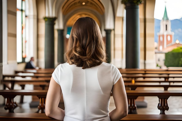 Zdjęcie kobieta w kościele patrzy w kamerę.