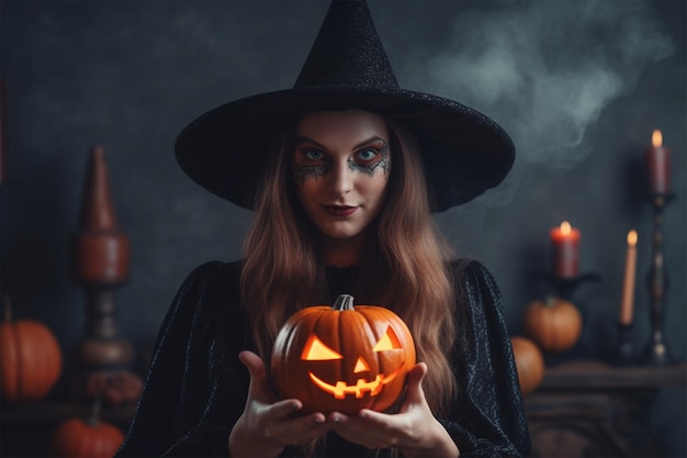 Kobieta w kostiumie czarownicy trzyma dynię na tle halloween