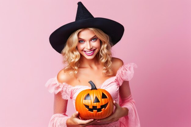 Kobieta w kostiumie halloween z dynią