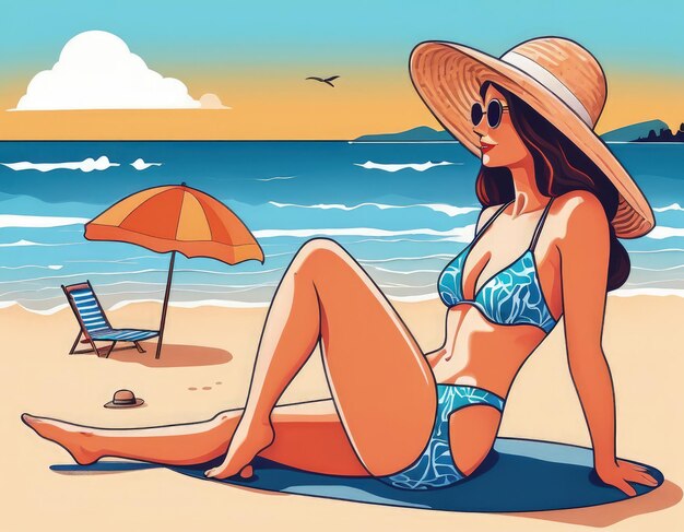 Kobieta w kostiumie kąpielowym i kapeluszu na plaży Ilustracja wektorowa