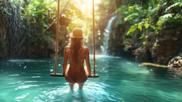 Kobieta w kostiumie kąpielowym kołysząca się przy wodospadzie w tropikalnym raju
