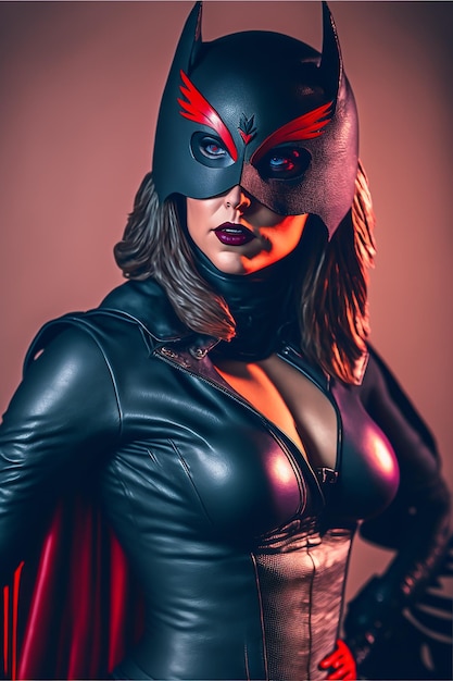 Kobieta w kostiumie superbohatera stoi w ciemnym pokoju.
