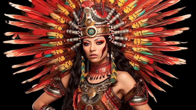 Kobieta w kostiumie z tradycyjnym nakryciem głowy i napisem maya.