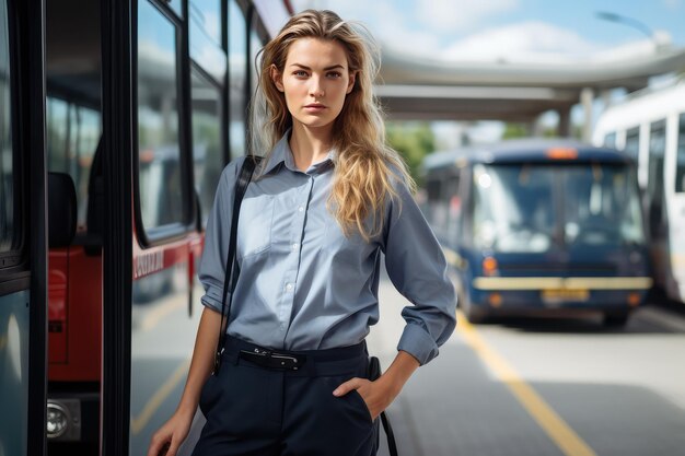 Kobieta w koszuli i krawacie stojąca przed kobietą w autobusie