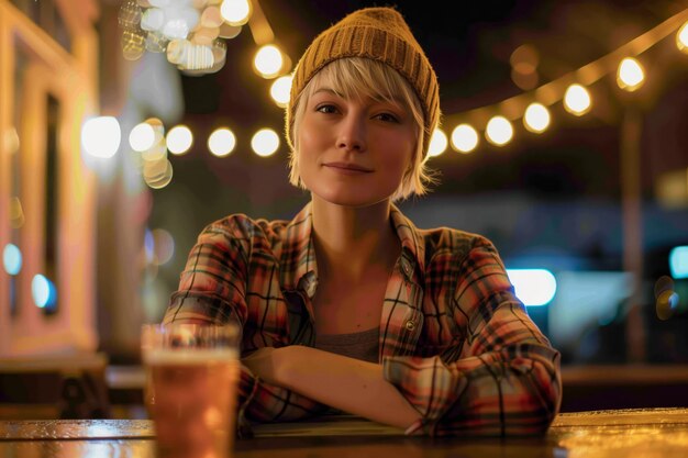 Kobieta w koszuli i żółtym kapeluszu siedzi w barze z kieliszkiem piwa
