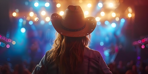 Kobieta w kowbojskim kapeluszu cieszy się koncertem country z pustą przestrzenią w tle Koncept Koncert muzyki country Cowgirl Style Western Inspired Outdoor Event Empty Space Concept