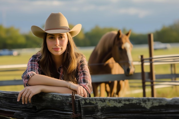 Kobieta w kowbojskim kapeluszu opierająca się o drewnianego konia w tle