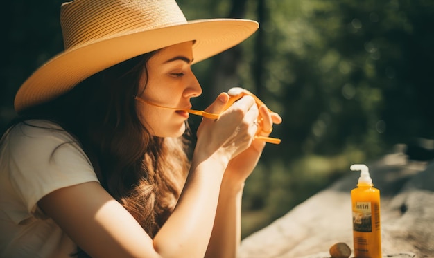 Kobieta w kowbojskim kapeluszu siedzi na ławce w lesie i pije przez słomkę.
