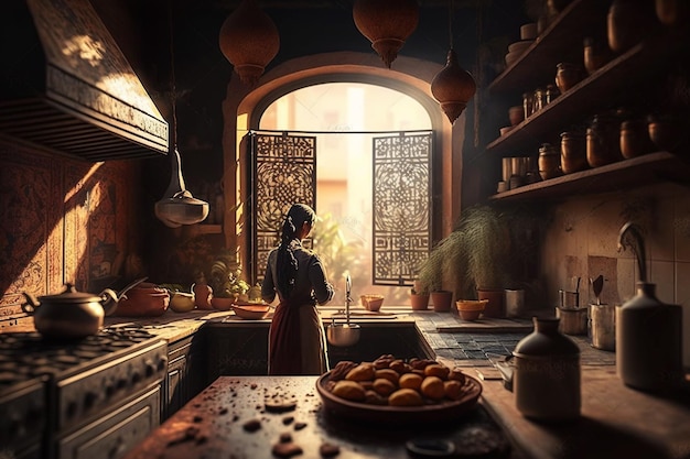Kobieta w kuchni z miską jedzenia przed oknem.