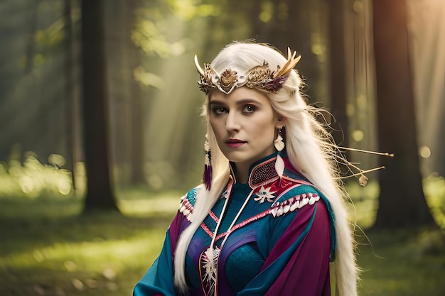 Kobieta w lesie ubrana w kostium z napisem elf