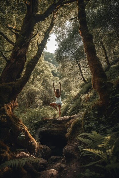 Kobieta w lesie uprawiająca jogę