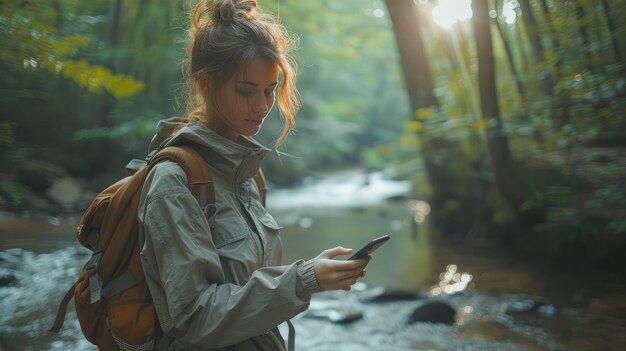 Zdjęcie kobieta w lesie w pobliżu rzeki z telefonem