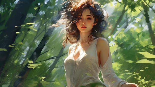 Kobieta w lesie ze słońcem świecącym na jej twarzy.