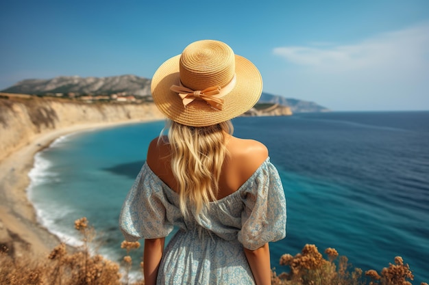 Kobieta w letnim kapeluszu patrząc na morze Szczęśliwa wolność styl życia Generative AI