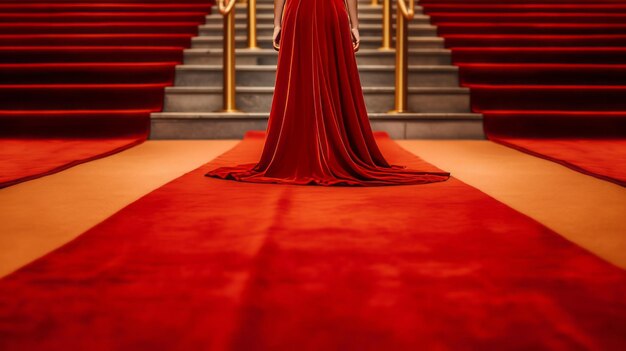 Zdjęcie kobieta w luksusowej sukience na zbliżeniu z czerwonego dywanu generative ai
