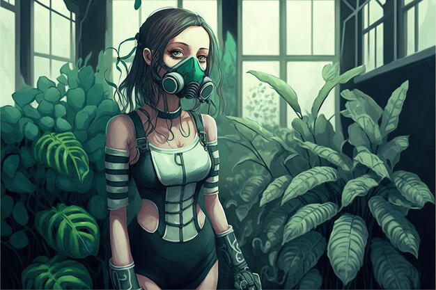 Kobieta w masce gazowej stojąca w zarośniętej fabryce ilustracja w stylu grafiki cyfrowej obraz fantasy ilustracja dziewczyny w zarośniętej fabryce
