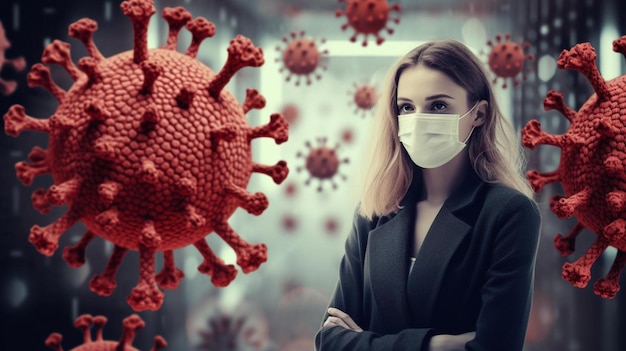 Zdjęcie kobieta w masce stoi przed wirusem.