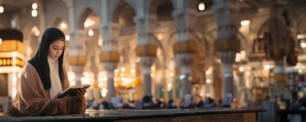 Kobieta w meczecie zajęta swoim cyfrowym tabletem