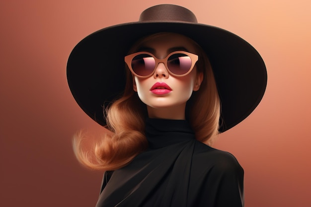 Kobieta w modnej czarnej modzie w okularach przeciwsłonecznych i kapeluszu
