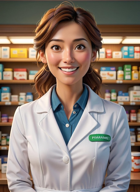 Zdjęcie kobieta w mundurze apteki stoi przed szafką apteki