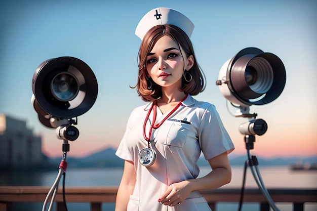 Kobieta w mundurze pielęgniarki stoi przed dwoma reflektorami.