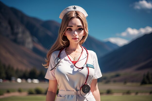 Kobieta w mundurze pielęgniarki stoi przed górą.