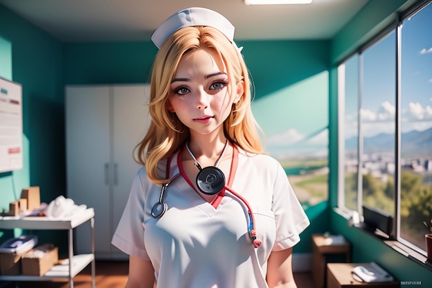 Kobieta w mundurze pielęgniarki stoi przed oknem.
