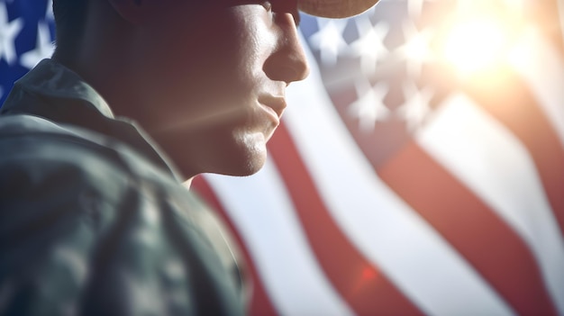Kobieta w mundurze wojskowym stoi przed amerykańską flagą