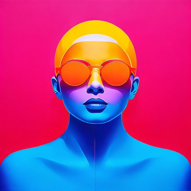 Kobieta w niebieskich okularach przeciwsłonecznych i kolorowych neonowych światłach ilustracja mody