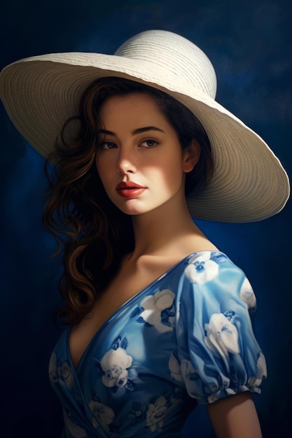 Kobieta w niebieskiej sukience i białym kapeluszu z białym kapeluszem