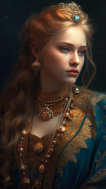 Kobieta w niebieskiej sukience i złotej biżuterii