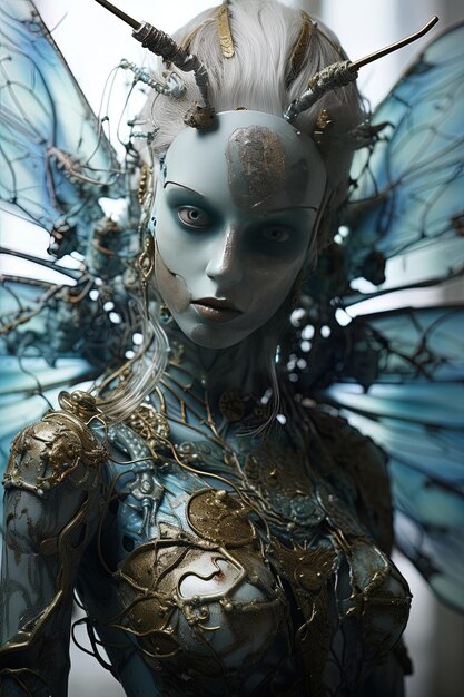 Zdjęcie kobieta w niebieskiej sukience i złotych skrzydłach jest przedstawiona w cyfrowej instalacji artystycznej przez osobę