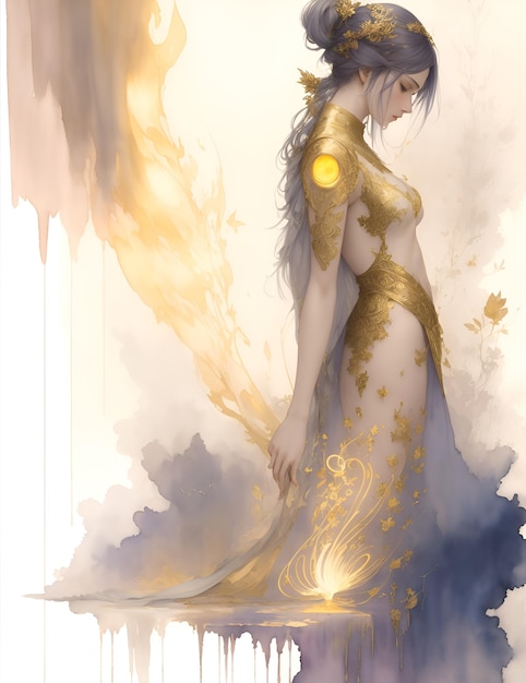 Zdjęcie kobieta w niebieskiej sukience i złotych skrzydłach stoi przed światłem.